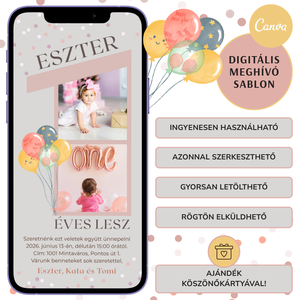 Digitális születésnapi meghívó Canva sablon - 1 éves kislány - Szerkeszthető - Online küldhető - Nyomtatható - művészet - grafika & illusztráció - digitális - Meska.hu