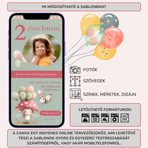 Digitális születésnapi meghívó Canva sablon - Gomba móka - Szerkeszthető - Online küldhető - Nyomtatható - művészet - grafika & illusztráció - digitális - Meska.hu