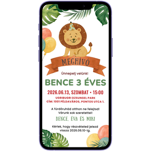 Digitális születésnapi meghívó Canva sablon - Kedves oroszlán - Szerkeszthető - Online küldhető - Nyomtatható, Művészet, Grafika & Illusztráció, Digitális, Fotó, grafika, rajz, illusztráció, MESKA