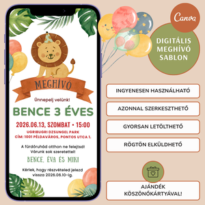 Digitális születésnapi meghívó Canva sablon - Kedves oroszlán - Szerkeszthető - Online küldhető - Nyomtatható - művészet - grafika & illusztráció - digitális - Meska.hu