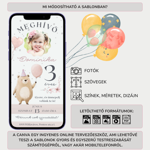 Digitális születésnapi meghívó Canva sablon - Manci maci - Szerkeszthető - Online küldhető - Nyomtatható - Mackós, macis - művészet - grafika & illusztráció - digitális - Meska.hu