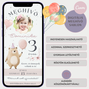 Digitális születésnapi meghívó Canva sablon - Manci maci - Szerkeszthető - Online küldhető - Nyomtatható - Mackós, macis - művészet - grafika & illusztráció - digitális - Meska.hu