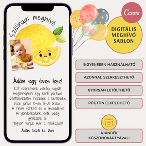 Digitális születésnapi meghívó Canva sablon - Mosolygós citrom - Szerkeszthető - Online küldhető - Nyomtatható, Citromos - művészet - grafika & illusztráció - digitális - Meska.hu