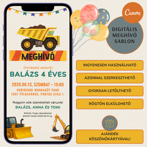 Digitális születésnapi meghívó Canva sablon - Munkagépek - Szerkeszthető - Online küldhető - Nyomtatható Markoló, dömper - művészet - grafika & illusztráció - digitális - Meska.hu