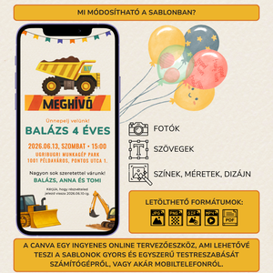 Digitális születésnapi meghívó Canva sablon - Munkagépek - Szerkeszthető - Online küldhető - Nyomtatható Markoló, dömper - művészet - grafika & illusztráció - digitális - Meska.hu