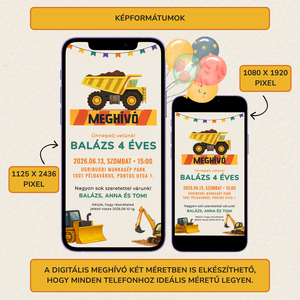 Digitális születésnapi meghívó Canva sablon - Munkagépek - Szerkeszthető - Online küldhető - Nyomtatható Markoló, dömper - művészet - grafika & illusztráció - digitális - Meska.hu