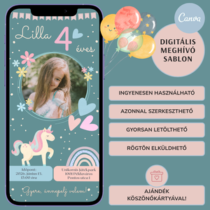 Digitális születésnapi meghívó Canva sablon - Pasztell unikornis - Szerkeszthető - Online küldhető - Nyomtatható - művészet - grafika & illusztráció - digitális - Meska.hu