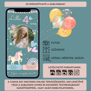 Digitális születésnapi meghívó Canva sablon - Pasztell unikornis - Szerkeszthető - Online küldhető - Nyomtatható - művészet - grafika & illusztráció - digitális - Meska.hu
