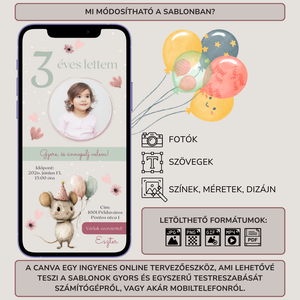 Digitális születésnapi meghívó Canva sablon - Vidám egérke - Szerkeszthető - Online küldhető - Nyomtatható, Rókás - művészet - grafika & illusztráció - digitális - Meska.hu