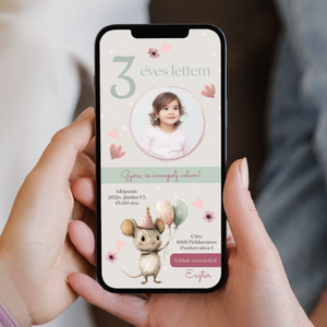 Digitális születésnapi meghívó Canva sablon - Vidám egérke - Szerkeszthető - Online küldhető - Nyomtatható, Rókás, Művészet, Grafika & Illusztráció, Digitális, Fotó, grafika, rajz, illusztráció, MESKA