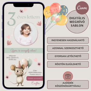 Digitális születésnapi meghívó Canva sablon - Vidám egérke - Szerkeszthető - Online küldhető - Nyomtatható, Rókás - művészet - grafika & illusztráció - digitális - Meska.hu