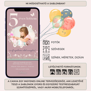 Digitális születésnapi meghívó Canva sablon - Virágos kert - Szerkeszthető - Online küldhető - Nyomtatható, Rókás - művészet - grafika & illusztráció - digitális - Meska.hu