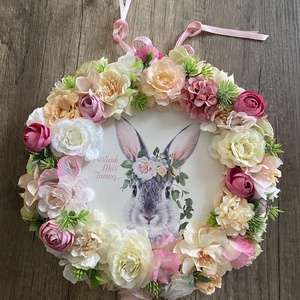 Húsvéti nyuszis ajtódísz, Ünnepi díszek, dekorációk, Húsvéti díszek és dekorációk, Húsvéti ajtódísz, kopogtató, Virágkötés, MESKA