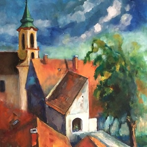 Szentendrei háztetők, Művészet, Festmény, Akril, Festészet, Festett tárgyak, MESKA