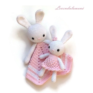 Horgolt rózsaszín-fehér szundikendő és amigurumi nyuszi - Meska.hu