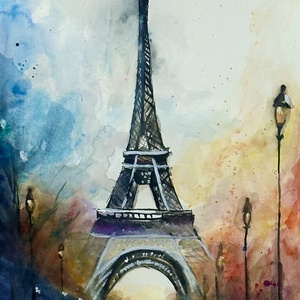 Eiffel-torony ködös esti fényekben - művészet - festmény - akvarell - Meska.hu
