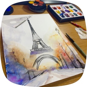 Eiffel-torony ködös esti fényekben - művészet - festmény - akvarell - Meska.hu