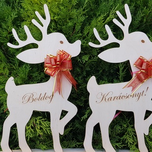 Karácsonyi szarvasok fából, Boldog karácsonyt! felirattal, masnival - Meska.hu
