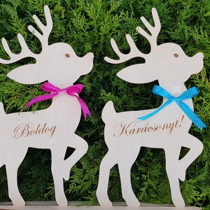 Karácsonyi szarvasok fából, Boldog karácsonyt! felirattal, masnival - karácsony - karácsonyi lakásdekoráció - karácsonyi manók, figurák - Meska.hu