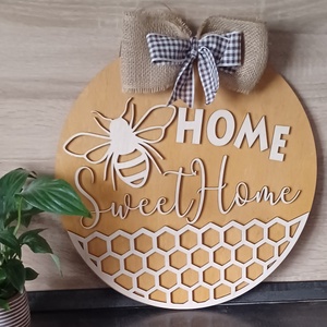  Home Sweet Home üdvözlő tábla, Méhecskés, méhsejtes ajtó kopogtató - otthon & életmód - dekoráció - ajtó- és ablak dekoráció - ajtódísz & kopogtató - Meska.hu