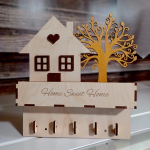 Fali kulcstartó levéltartóval home sweet home felirattal, családnévre is! - otthon & életmód - dekoráció - fali és függő dekoráció - fali kulcstartó - Meska.hu