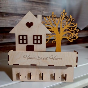 Fali kulcstartó levéltartóval home sweet home felirattal, családnévre is! - otthon & életmód - dekoráció - fali és függő dekoráció - fali kulcstartó - Meska.hu