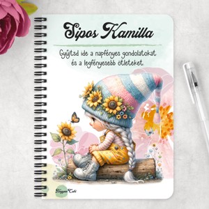 Személyre szabható - Pillangós napraforgós manó lány mintás A6-os füzet - otthon & életmód - papír, írószer - jegyzetfüzet & napló - Meska.hu