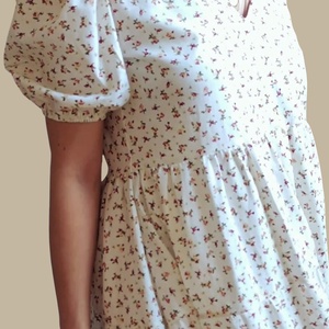 Rózsa midi pamut ruha - rövid puffos ujjakkal, V-nyakkal - ruha & divat - női ruha - ruha - Meska.hu