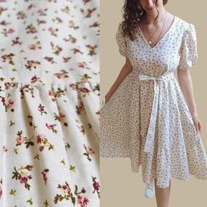 Rózsa midi pamut ruha - rövid puffos ujjakkal, V-nyakkal - ruha & divat - női ruha - ruha - Meska.hu