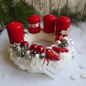 Fehér és piros adventi koszorú - karácsony - adventi díszek - adventi koszorú - Meska.hu