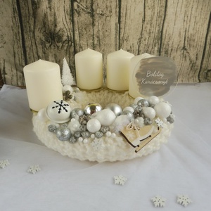 Fehér és ezüst adventi koszorú, Karácsony, Adventi díszek, Adventi koszorú, Virágkötés, MESKA