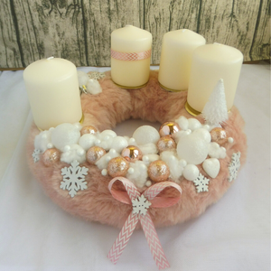 Rózsaszín és fehér adventi koszorú, Karácsony, Adventi díszek, Adventi koszorú, Virágkötés, MESKA