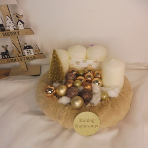 Bézs és arany Boldog karácsonyt feliratos adventi koszorú, Karácsony, Adventi díszek, Adventi koszorú, , MESKA