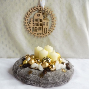 Szürke és arany adventi szett, adventi koszorú és ajtókopogtató, Karácsony, Adventi díszek, Adventi koszorú, , MESKA