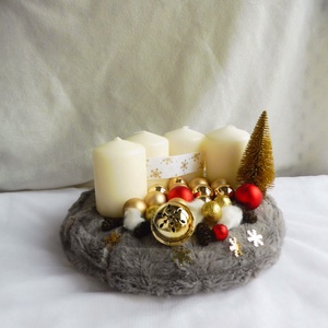 Piros és arany, szürke alapon adventi koszorú, Karácsony, Adventi díszek, Adventi koszorú, , MESKA