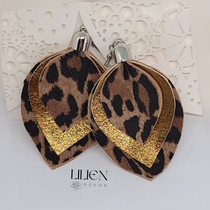 LEOPÁRD HOMORÚ CSEPP bőr fülbevaló, Ékszer, Fülbevaló, Lógó csepp fülbevaló, Bőrművesség, Ékszerkészítés, MESKA