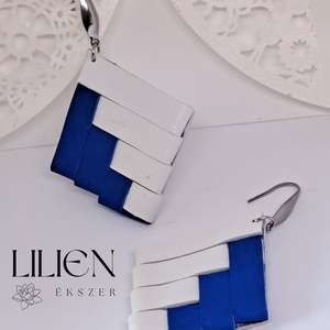 Kék-fehér mozaik bőr fülbevaló, Ékszer, Fülbevaló, Lógó fülbevaló, Bőrművesség, Ékszerkészítés, MESKA