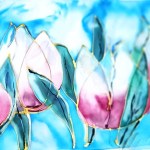 Tavaszi tulipán virágzás tiszta selyem sál, Ruha & Divat, Sál, Sapka, Kendő, Sál, Selyemfestés, Kézzel festett hernyóselyem sál tulipán mintával, akvarell stílusban. Mély türkiz, mályva, sötét zö..., MESKA
