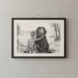 Kutya és gyerek barátsága - egyedi grafizrajz fali dekorációnak, EREDETI példány, Művészet, Grafika & Illusztráció, Ceruzarajz, Fotó, grafika, rajz, illusztráció, MESKA
