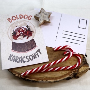 Karácsonyi képeslap - Róka és a hógömb, Boldog karácsonyt felirattal - karácsony - karácsonyi ajándékozás - karácsonyi képeslap, üdvözlőlap, ajándékkísérő - Meska.hu