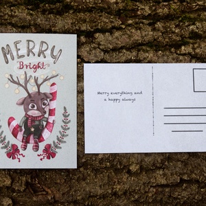 Karácsonyi képeslap - Kicsi szarvaska cukorkával és égősorral, hátulján kedves angol szöveggel - karácsony - karácsonyi ajándékozás - karácsonyi képeslap, üdvözlőlap, ajándékkísérő - Meska.hu