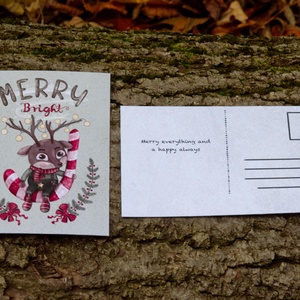 Karácsonyi képeslap - Kicsi szarvaska cukorkával és égősorral, hátulján kedves angol szöveggel - karácsony - karácsonyi ajándékozás - karácsonyi képeslap, üdvözlőlap, ajándékkísérő - Meska.hu