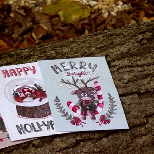 Karácsonyi képeslap - Kicsi szarvaska cukorkával és égősorral, hátulján kedves angol szöveggel - karácsony - karácsonyi ajándékozás - karácsonyi képeslap, üdvözlőlap, ajándékkísérő - Meska.hu