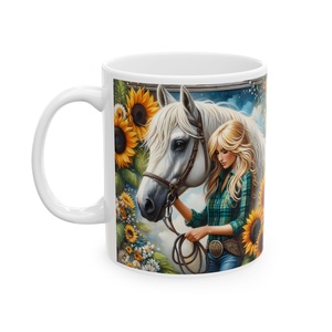 Lovas Lány és Fehér Ló Kerámia Bögre � Napraforgós Fantasy Design, Lovas Ajándék - Meska.hu