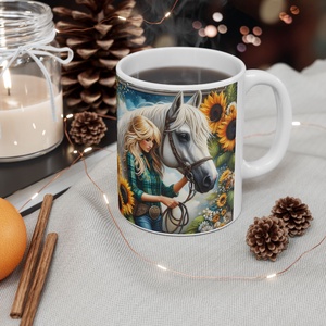 Lovas Lány és Fehér Ló Kerámia Bögre � Napraforgós Fantasy Design, Lovas Ajándék - otthon & életmód - konyhafelszerelés, tálalás - tálalás - bögre & csésze - Meska.hu