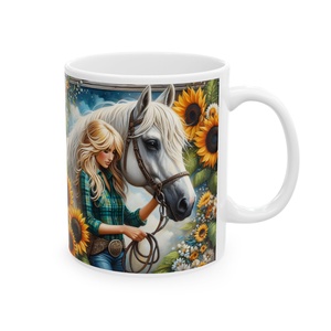 Lovas Lány és Fehér Ló Kerámia Bögre � Napraforgós Fantasy Design, Lovas Ajándék - otthon & életmód - konyhafelszerelés, tálalás - tálalás - bögre & csésze - Meska.hu