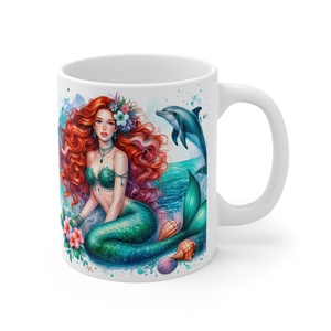 Vörös Hajú Sellős Fantasy Kerámia Bögre � Delfines Akvarell Design, Egyedi Ajándék Lányoknak - Meska.hu
