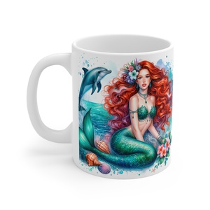 Vörös Hajú Sellős Fantasy Kerámia Bögre � Delfines Akvarell Design, Egyedi Ajándék Lányoknak - otthon & életmód - konyhafelszerelés, tálalás - tálalás - bögre & csésze - Meska.hu