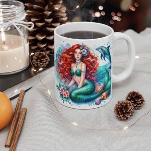 Vörös Hajú Sellős Fantasy Kerámia Bögre � Delfines Akvarell Design, Egyedi Ajándék Lányoknak - otthon & életmód - konyhafelszerelés, tálalás - tálalás - bögre & csésze - Meska.hu