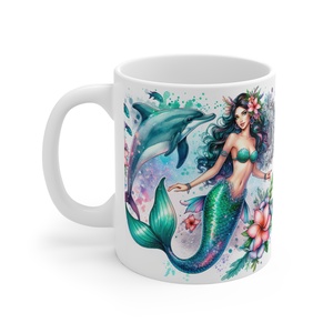 Fekete Hajú Sellős Fantasy Kerámia Bögre � Delfines Akvarell Design, Egyedi Ajándék Lányoknak - Meska.hu